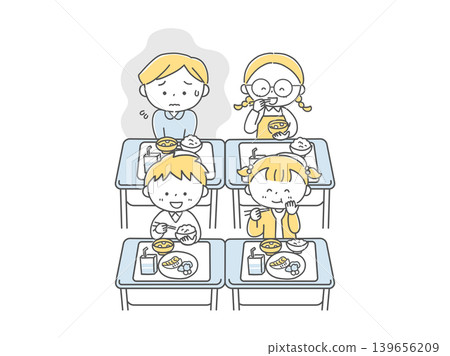A boy who dislikes eating school lunch and a monochrome image of a school lunch scene. A boy who dislikes eating school lunch and a monochrome image of a school lunch scene. 139656209