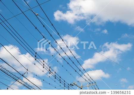 The blue sky stretches out beyond the bird-repellent power lines. The blue sky stretches out beyond the bird-repellent power lines. 139656231