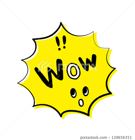 手繪風格的普普藝術對話框插圖,帶有“WOW”字樣,黃色貼紙材質,漫畫風格的驚喜爆炸設計。 手繪風格的普普藝術對話框插圖,帶有“WOW”字樣,黃色貼紙材質,漫畫風格的驚喜爆炸設計。 139656351