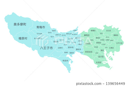 東京可分割地圖插圖(兩種顏色):城市、城鎮、村莊、區。 東京可分割地圖插圖(兩種顏色):城市、城鎮、村莊、區。 139656449