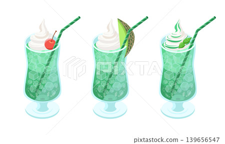 Illustrations of three variations of melon soda floats Illustrations of three variations of melon soda floats 139656547