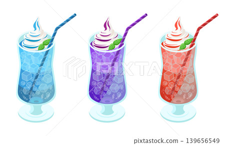 A set of illustrations of colorful soda floats in three different colors. A set of illustrations of colorful soda floats in three different colors. 139656549