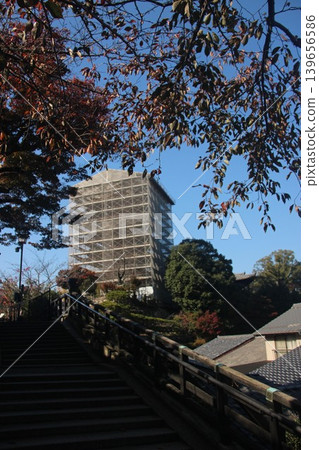 從廣島縣初日市宮島町嚴島神社可以看到正在修繕的千丈閣和五重塔的全景。 139656586