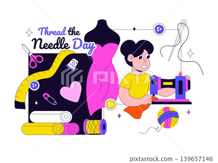 Thread the Needle Day Vector Illustration Featuring Sewing Tools, Tailoring Craft, Needle and Thread, Handmade Workshop Design Thread the Needle Day Vector Illustration Featuring Sewing Tools, Tailoring Craft, Needle and Thread, Handmade Workshop Design 139657146