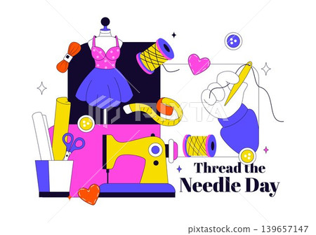 Thread the Needle Day Vector Illustration Featuring Sewing Tools, Tailoring Craft, Needle and Thread, Handmade Workshop Design Thread the Needle Day Vector Illustration Featuring Sewing Tools, Tailoring Craft, Needle and Thread, Handmade Workshop Design 139657147