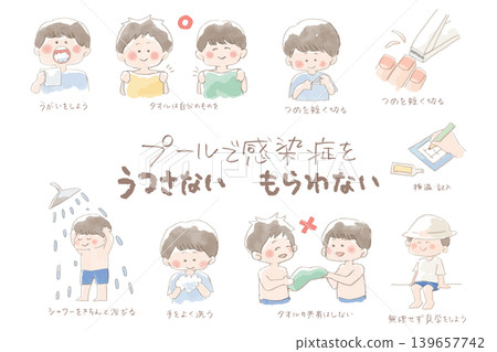 泳池感染預防工具包：水彩插圖印刷品，附手寫文字；包含預防、禮儀和健康指導資訊。 139657742
