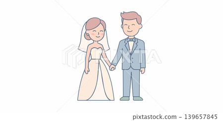 Happy cartoon bride and groom holding hands with white dress bow tie marriage illustration celebration ceremony romantic newlyweds together happiness portrait character charming Happy cartoon bride and groom holding hands with white dress bow tie marriage illustration celebration ceremony romantic newlyweds together happiness portrait character charming 139657845