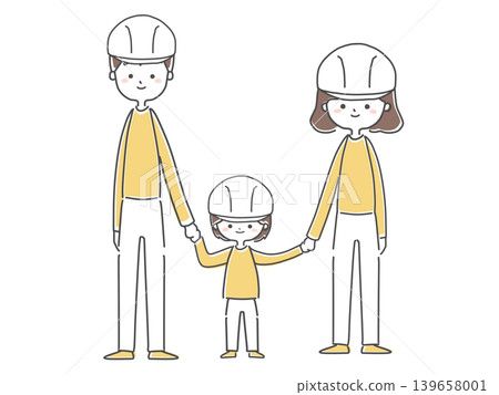 A family of three standing while wearing helmets. 139658001
