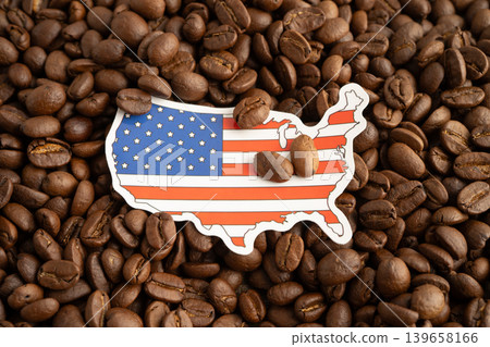 US America flag on coffee bean, import export trade online commerce. US America flag on coffee bean, import export trade online commerce. 139658166