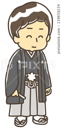 新郎身著正式和服和袴(黑色),參加傳統的日本婚禮。 新郎身著正式和服和袴(黑色),參加傳統的日本婚禮。 139658234