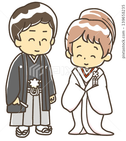 身著傳統日式婚禮服飾的新郎新娘 身著傳統日式婚禮服飾的新郎新娘 139658235