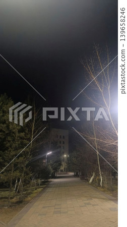 Enjoy a serene brick-paved walkway in a city park at night, illuminated by warm streetlights. A peaceful atmosphere perfect for relaxation, tourism, and urban living. Enjoy a serene brick-paved walkway in a city park at night, illuminated by warm streetlights. A peaceful atmosphere perfect for relaxation, tourism, and urban living. 139658246