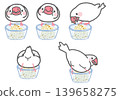 A set of white Java sparrows that eat food from a glass bowl. 139658275