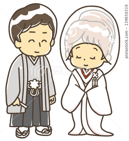 身穿傳統日式婚禮服飾的新郎新娘(新娘戴著頭飾) 身穿傳統日式婚禮服飾的新郎新娘(新娘戴著頭飾) 139658319