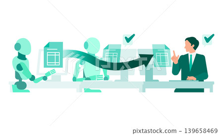 圖示說明了工作流程自動化和人機互動系統，其中人工智慧產生的結果最終由人類審查和批准。 139658469
