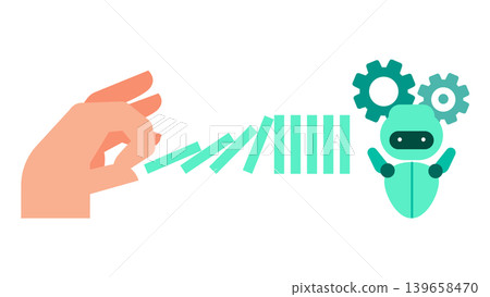 Abstract illustration of an AI workflow automation scenario triggered by human intervention, creating a chain reaction like falling dominoes. 139658470