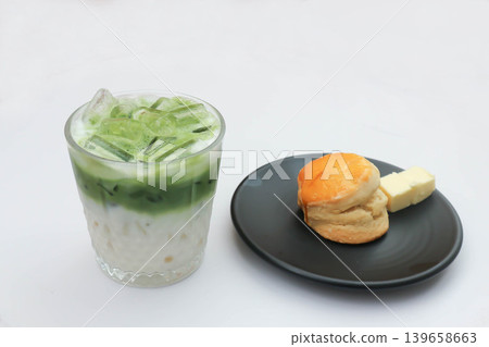 iced green tea, iced green tea latte or iced matcha or iced matcha green tea or iced matcha green tea latte with scone and butter iced green tea, iced green tea latte or iced matcha or iced matcha green tea or iced matcha green tea latte with scone and butter 139658663
