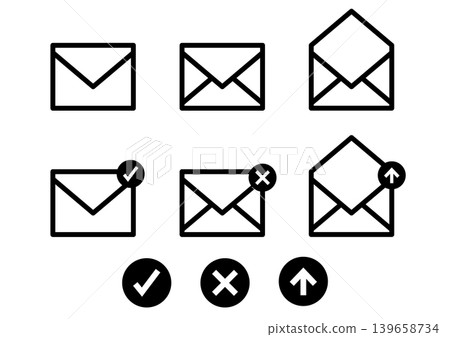 Email icons, black and white, set, multiple, email, business, simple, vector illustration. Email icons, black and white, set, multiple, email, business, simple, vector illustration. 139658734