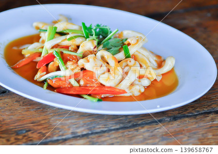 stir fried squid with vegetable, curry squid or squid salad 139658767