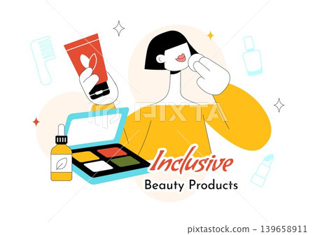 Inclusive Beauty Products Vector Illustration Featuring Diverse Makeup Essentials, Skincare Cosmetics and Self Care Lifestyle Design 139658911