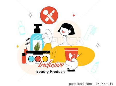 Inclusive Beauty Products Vector Illustration Featuring Diverse Makeup Essentials, Skincare Cosmetics and Self Care Lifestyle Design 139658914