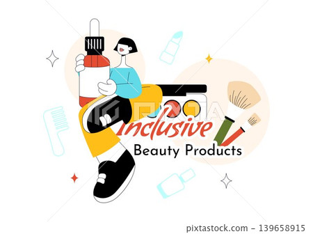 Inclusive Beauty Products Vector Illustration Featuring Diverse Makeup Essentials, Skincare Cosmetics and Self Care Lifestyle Design 139658915