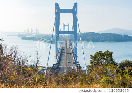 Setouchi in winter: Seto Ohashi Bridge viewed from Washuzan Observatory in Kurashiki City, Okayama Prefecture Setouchi in winter: Seto Ohashi Bridge viewed from Washuzan Observatory in Kurashiki City, Okayama Prefecture 139658935