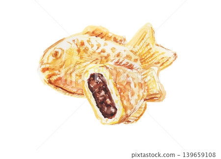Watercolor illustration of a taiyaki filled with red bean paste 139659108