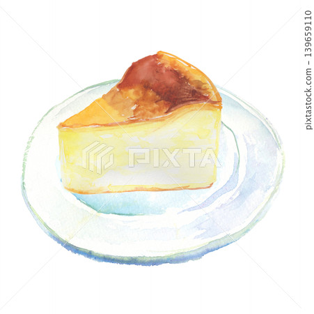 一幅水彩插畫，描繪的是放在盤子裡的起司蛋糕。 139659110