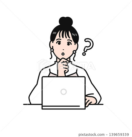 A simple vector illustration of a young woman with her hair tied up, looking at a laptop with a question mark above her head. A simple vector illustration of a young woman with her hair tied up, looking at a laptop with a question mark above her head. 139659339