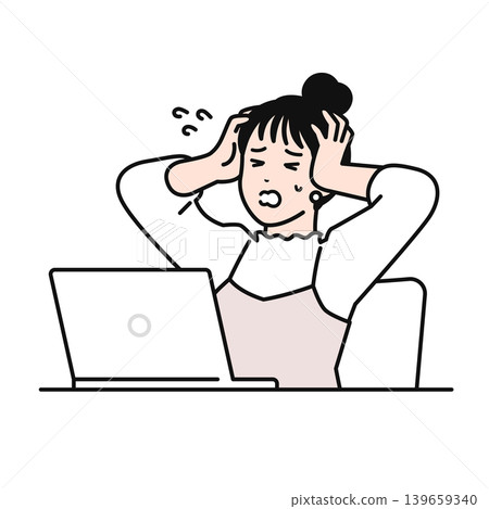 A simple vector illustration of a young woman with her hair tied up, looking at a laptop and holding her head in her hands. A simple vector illustration of a young woman with her hair tied up, looking at a laptop and holding her head in her hands. 139659340