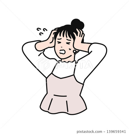 A simple vector illustration of a young woman with her hair tied up, holding her head in her hands. A simple vector illustration of a young woman with her hair tied up, holding her head in her hands. 139659341