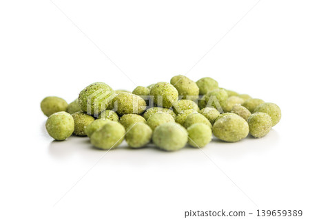 Crunchy Wasabi Peas Snack Pile With White Bowl Closeup On Clean White Background Crunchy Wasabi Peas Snack Pile With White Bowl Closeup On Clean White Background 139659389