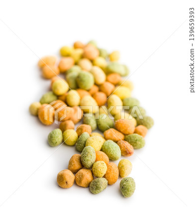 Assorted Coated Peanuts Snack Mix With Wasabi And Spicy Flavors On White Background Assorted Coated Peanuts Snack Mix With Wasabi And Spicy Flavors On White Background 139659393