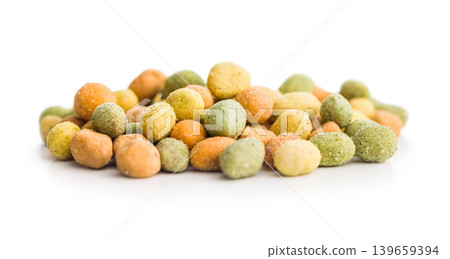 Assorted Coated Peanuts Snack Mix With Wasabi And Spicy Flavors On White Background 139659394