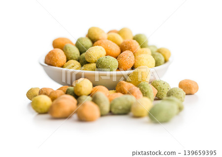 Assorted Coated Peanuts Snack Mix With Wasabi And Spicy Flavors On White Background Assorted Coated Peanuts Snack Mix With Wasabi And Spicy Flavors On White Background 139659395