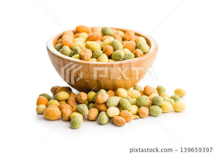 Seasoned Wasabi peanuts and Coated peanuts Snack in Wooden Bowl on White Background Seasoned Wasabi peanuts and Coated peanuts Snack in Wooden Bowl on White Background 139659397