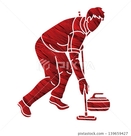 Curling Sport Male Player Action Athletes Competing on Ice Rink Cartoon Graphic Vector 139659427