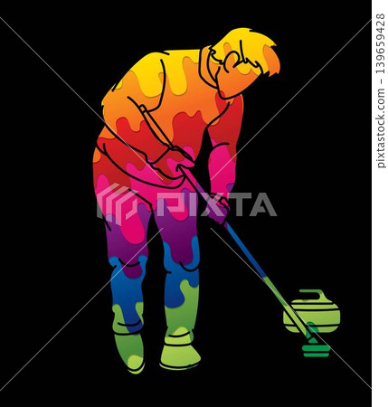 Curling Sport Male Player Action Athletes Competing on Ice Rink Cartoon Graphic Vector Curling Sport Male Player Action Athletes Competing on Ice Rink Cartoon Graphic Vector 139659428