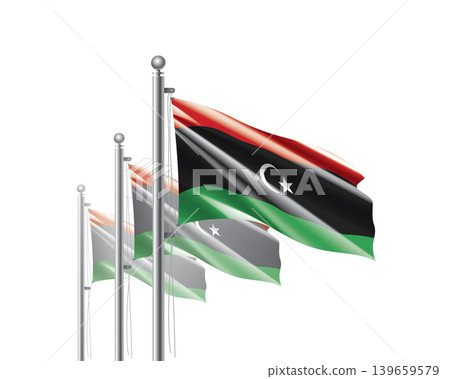 Brightly shining Libyan flags wave proudly on tall masts during official celebration events Brightly shining Libyan flags wave proudly on tall masts during official celebration events 139659579