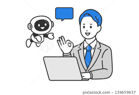 一位商務人士向提出建議的 AI 聊天機器人做出 OK 手勢 [人物向量圖] 139659637