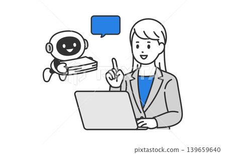 一個人工智慧聊天機器人協助整理文檔，一位女性商務人士提供指導。 [人物向量圖] 139659640