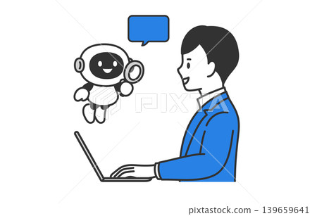 A business person happily interacting with an AI chatbot assisting with search and research [Vector illustration of a person] 139659641