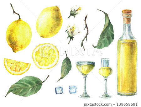 Watercolor lemon and limoncello set. Yellow liqueur, drink glass, ice cubes and whole, cut and slices fruit with leaves and flowers. Italian beverage components Isolated on white painted illustration. Watercolor lemon and limoncello set. Yellow liqueur, drink glass, ice cubes and whole, cut and slices fruit with leaves and flowers. Italian beverage components Isolated on white painted illustration. 139659691