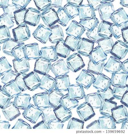 Watercolor Ice cubes seamless pattern. Blue, square frozen pieces of ice cubes refreshing, realistic hand drawn illustration isolated from background for fabric, wallpaper, packaging water and drinks. 139659692