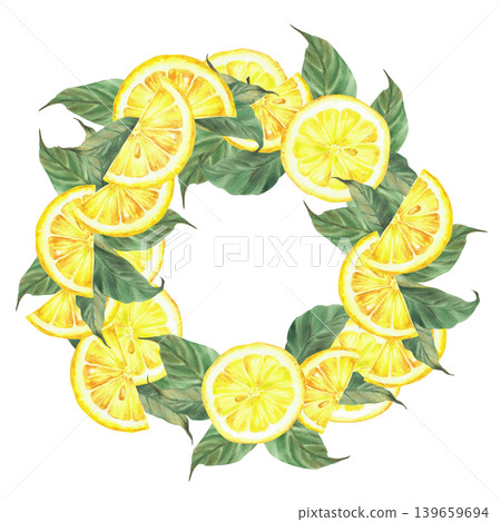 Lemon wreath with fruit yellow slices and green leaves. Hand painted realistic watercolor illustration. Circular frame for packaging, branding, drink menu, cosmetic label isolated from background Lemon wreath with fruit yellow slices and green leaves. Hand painted realistic watercolor illustration. Circular frame for packaging, branding, drink menu, cosmetic label isolated from background 139659694