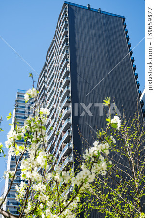 Modern high-rise residential buildings with beautiful new facades against a clear blue sky. Modern high-rise residential buildings with beautiful new facades against a clear blue sky. 139659877