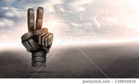 Victory sign made by vehicle tires 139659938