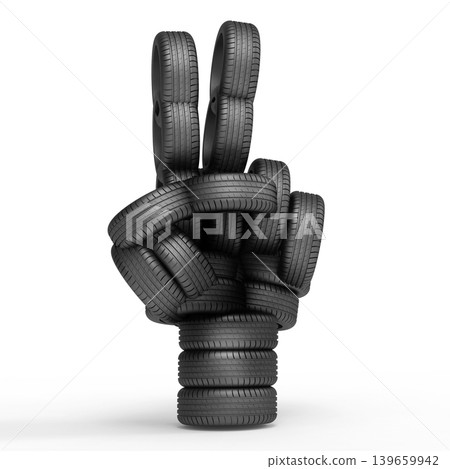 Victory sign with vehicle tire on white background, 3d rendering Victory sign with vehicle tire on white background, 3d rendering 139659942