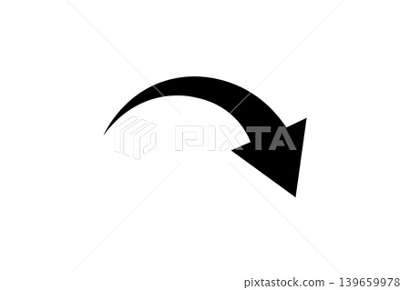 Black curved arrow pointing down and to the right on representing direction, movement, navigation, or return action for graphic design, UI, signage, and concept art. 139659978